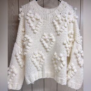 Wishlist Falling In Love Heart Crewneck Crème Hand Knit Sweater M/L EUC!